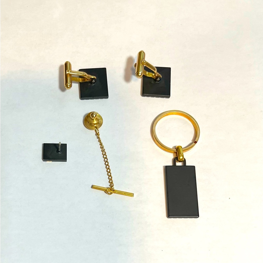 Black and Gold Cuff Links, Tie-back & Key Chain Set